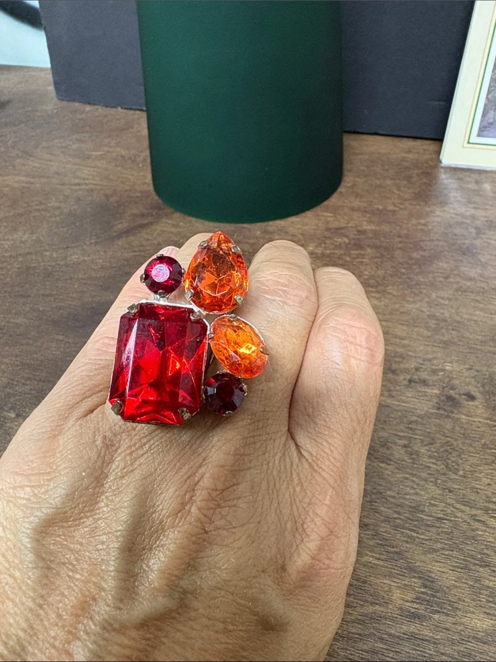 Vintage Bold Red and Orange Faux Crystal Cocktail Ring - Women Jewelry